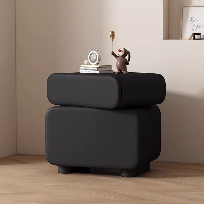 Traditional Chinese Microfiber Leather Solid Wood Rounded Oval Square Nightstand With 2 Drawers For Bedroom