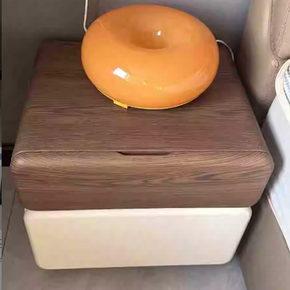 Traditional Chinese Microfiber Leather Solid Wood Rounded Oval Square Nightstand With 2 Drawers For Bedroom