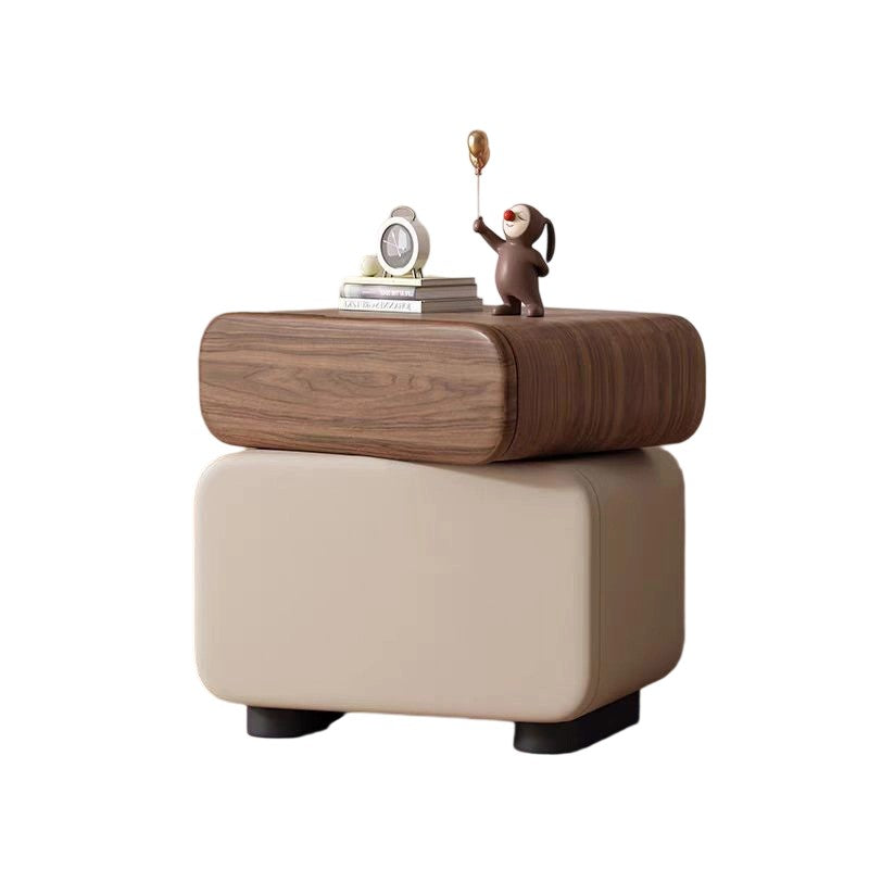 Traditional Chinese Microfiber Leather Solid Wood Rounded Oval Square Nightstand With 2 Drawers For Bedroom