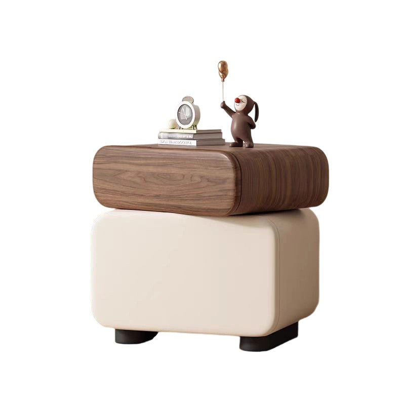 Traditional Chinese Microfiber Leather Solid Wood Rounded Oval Square Nightstand With 2 Drawers For Bedroom