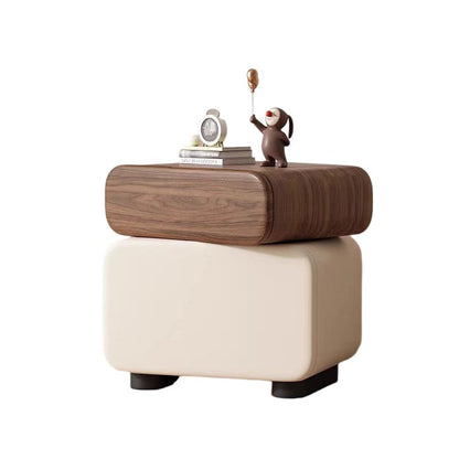 Traditional Chinese Microfiber Leather Solid Wood Rounded Oval Square Nightstand With 2 Drawers For Bedroom