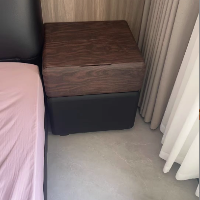 Traditional Chinese Microfiber Leather Solid Wood Rounded Oval Square Nightstand With 2 Drawers For Bedroom