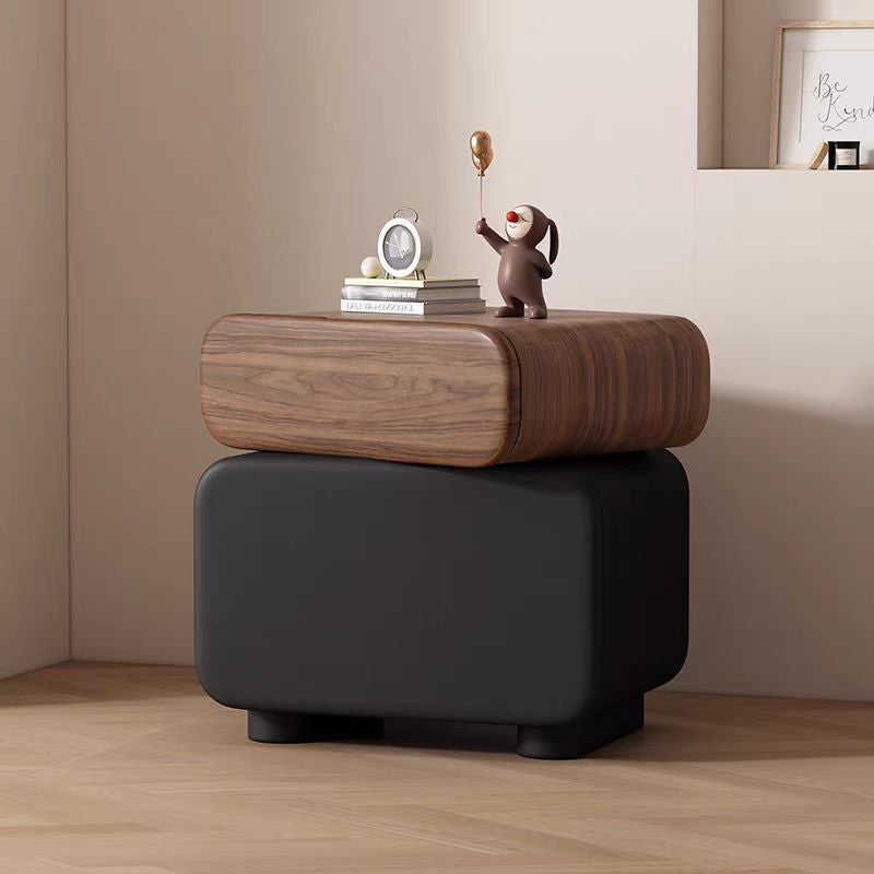 Traditional Chinese Microfiber Leather Solid Wood Rounded Oval Square Nightstand With 2 Drawers For Bedroom