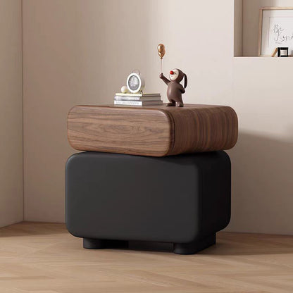 Traditional Chinese Microfiber Leather Solid Wood Rounded Oval Square Nightstand With 2 Drawers For Bedroom