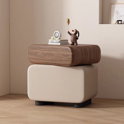 Traditional Chinese Microfiber Leather Solid Wood Rounded Oval Square Nightstand With 2 Drawers For Bedroom