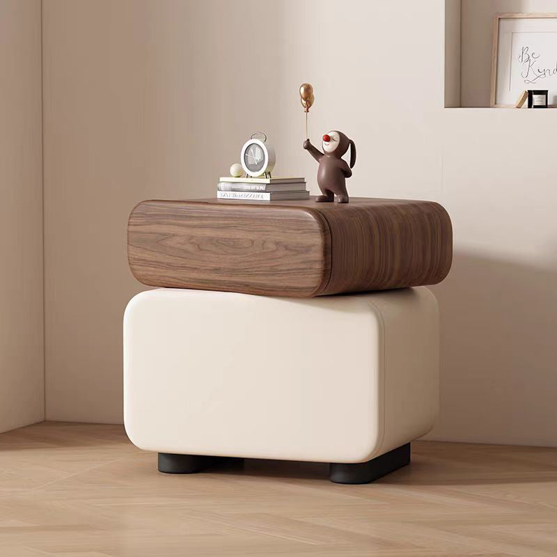 Traditional Chinese Microfiber Leather Solid Wood Rounded Oval Square Nightstand With 2 Drawers For Bedroom