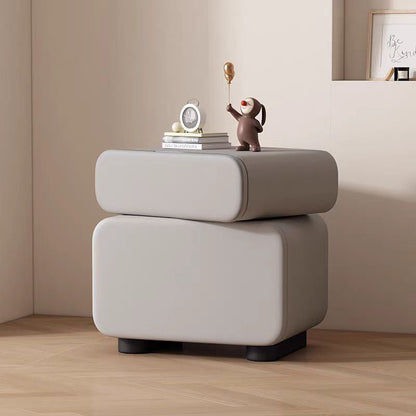 Traditional Chinese Microfiber Leather Solid Wood Rounded Oval Square Nightstand With 2 Drawers For Bedroom