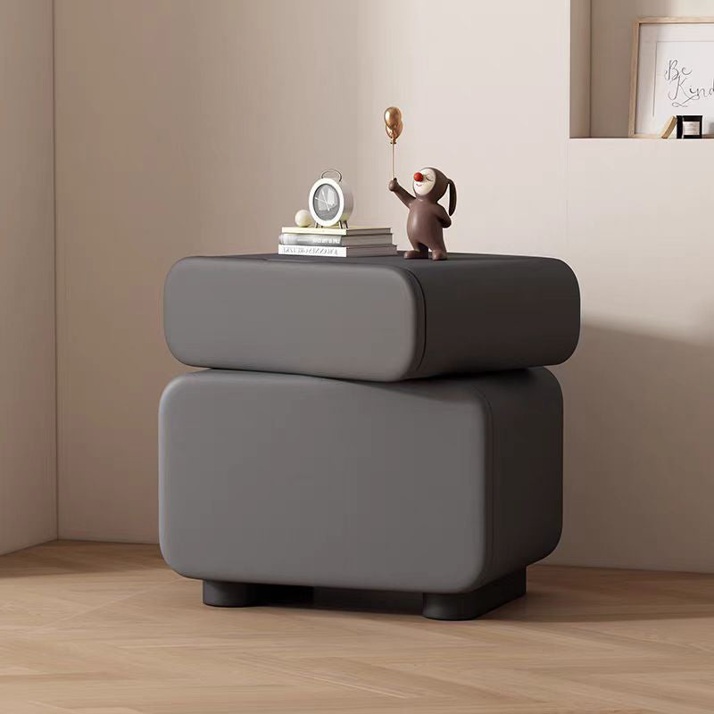 Traditional Chinese Microfiber Leather Solid Wood Rounded Oval Square Nightstand With 2 Drawers For Bedroom