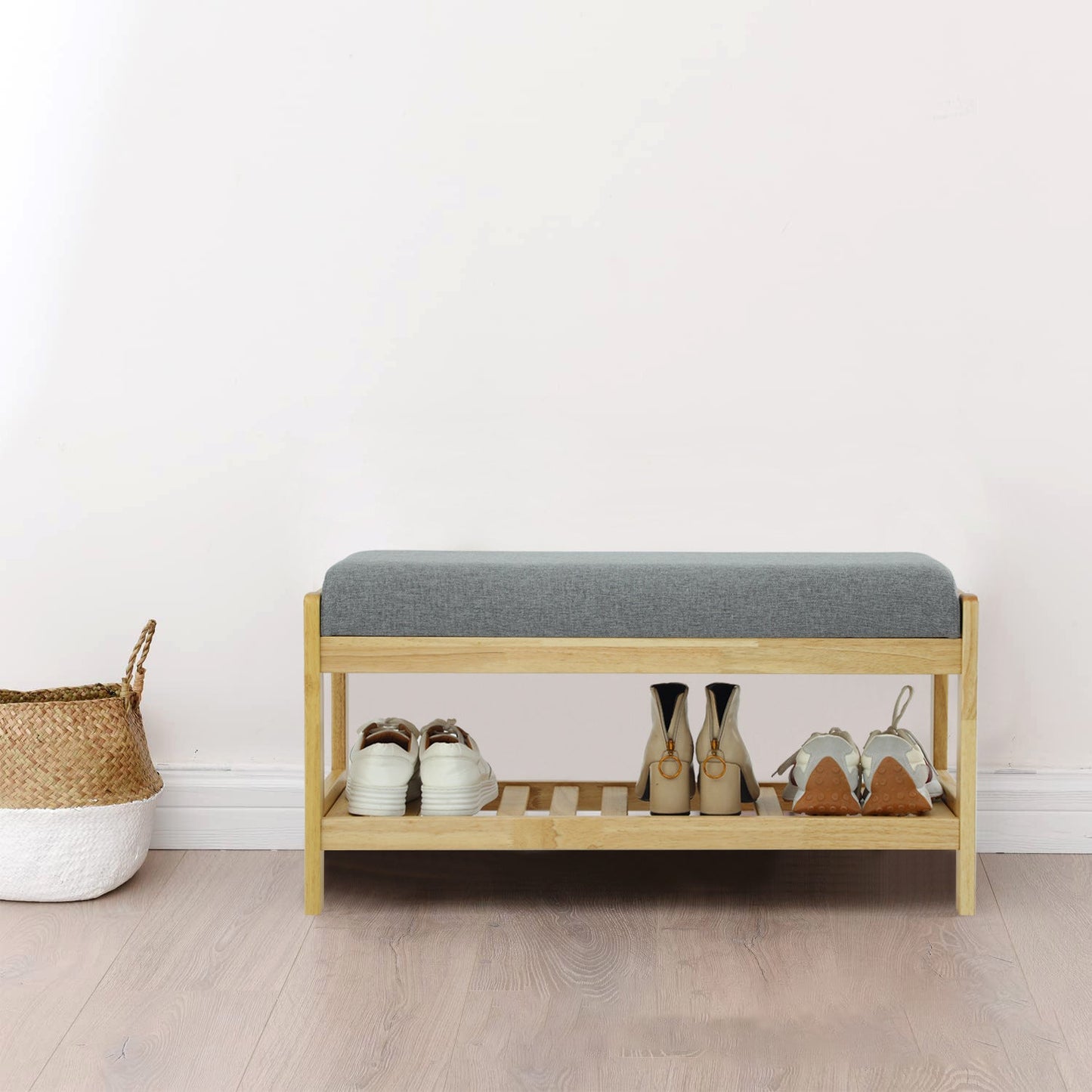 Contemporary Scandinavian Fabric Pine Rectangular Shoe Bench With 1 Shelf For Living Room