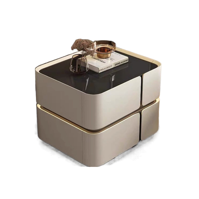 Modern Luxury Glass Engineered Wood Solid Wood Microfiber Leather Square Nightstand With 2 Drawers For Bedroom