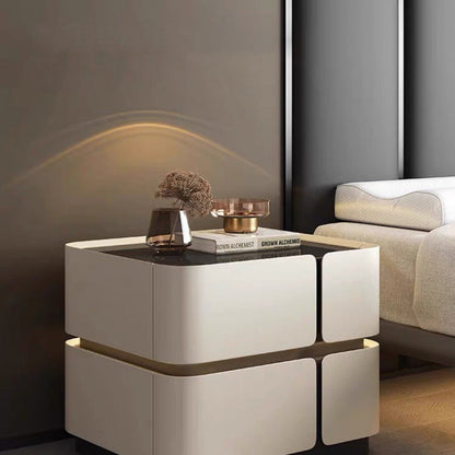 Modern Luxury Glass Engineered Wood Solid Wood Microfiber Leather Square Nightstand With 2 Drawers For Bedroom