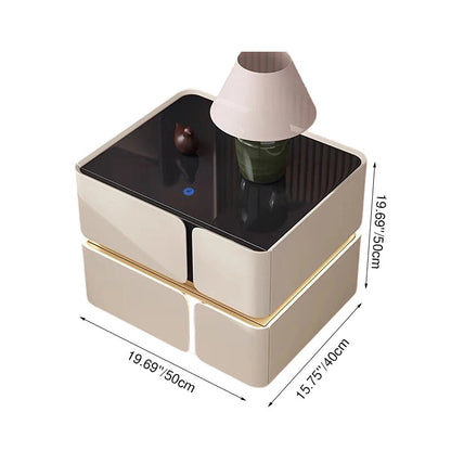 Modern Luxury Glass Engineered Wood Solid Wood Microfiber Leather Square Nightstand With 2 Drawers For Bedroom