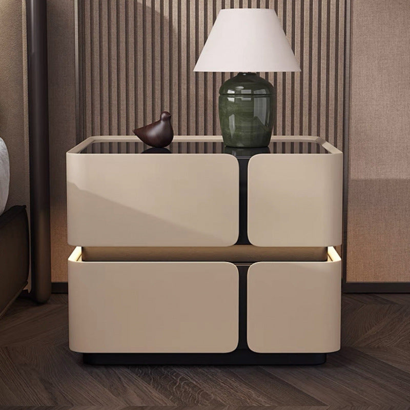 Modern Luxury Glass Engineered Wood Solid Wood Microfiber Leather Square Nightstand With 2 Drawers For Bedroom