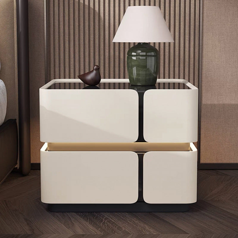 Modern Luxury Glass Engineered Wood Solid Wood Microfiber Leather Square Nightstand With 2 Drawers For Bedroom