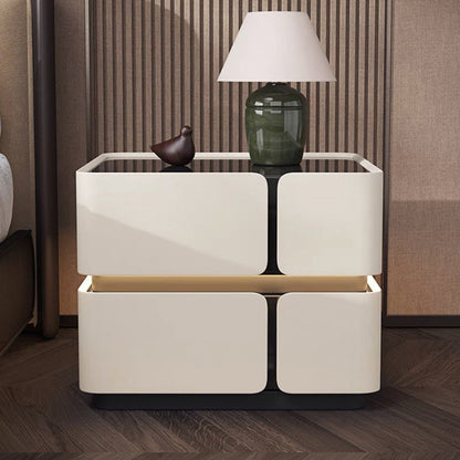 Modern Luxury Glass Engineered Wood Solid Wood Microfiber Leather Square Nightstand With 2 Drawers For Bedroom
