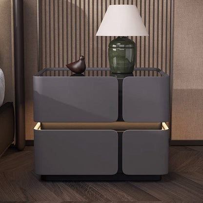Modern Luxury Glass Engineered Wood Solid Wood Microfiber Leather Square Nightstand With 2 Drawers For Bedroom