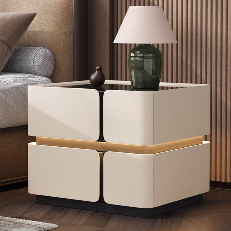 Modern Luxury Glass Engineered Wood Solid Wood Microfiber Leather Square Nightstand With 2 Drawers For Bedroom