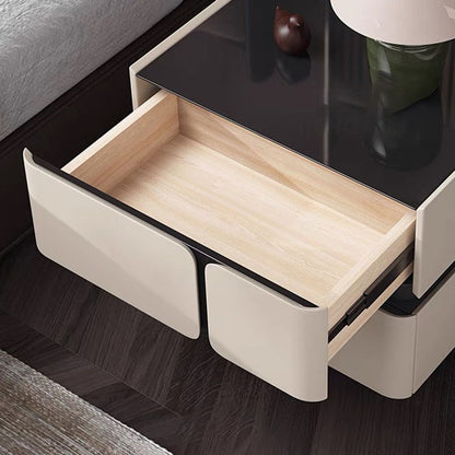 Modern Luxury Glass Engineered Wood Solid Wood Microfiber Leather Square Nightstand With 2 Drawers For Bedroom