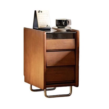 Traditional Vintage Tempered Glass Stainless Steel Pine Curved Rectangular Nightstand 3-Drawer For Bedroom