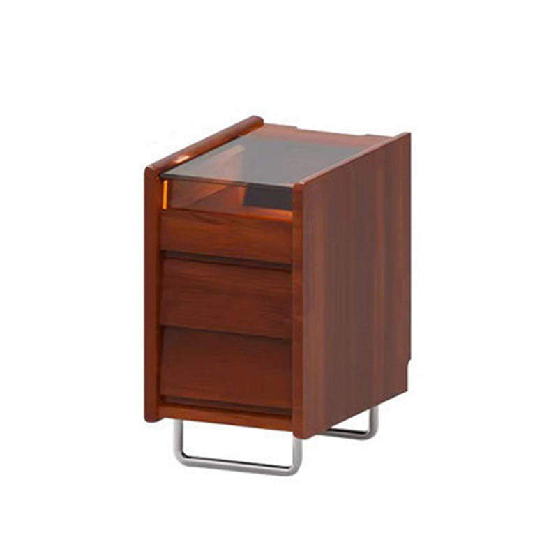 Traditional Vintage Tempered Glass Stainless Steel Pine Curved Rectangular Nightstand 3-Drawer For Bedroom
