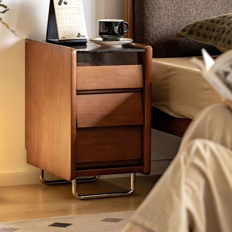 Traditional Vintage Tempered Glass Stainless Steel Pine Curved Rectangular Nightstand 3-Drawer For Bedroom