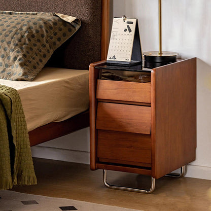 Traditional Vintage Tempered Glass Stainless Steel Pine Curved Rectangular Nightstand 3-Drawer For Bedroom