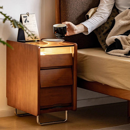 Traditional Vintage Tempered Glass Stainless Steel Pine Curved Rectangular Nightstand 3-Drawer For Bedroom
