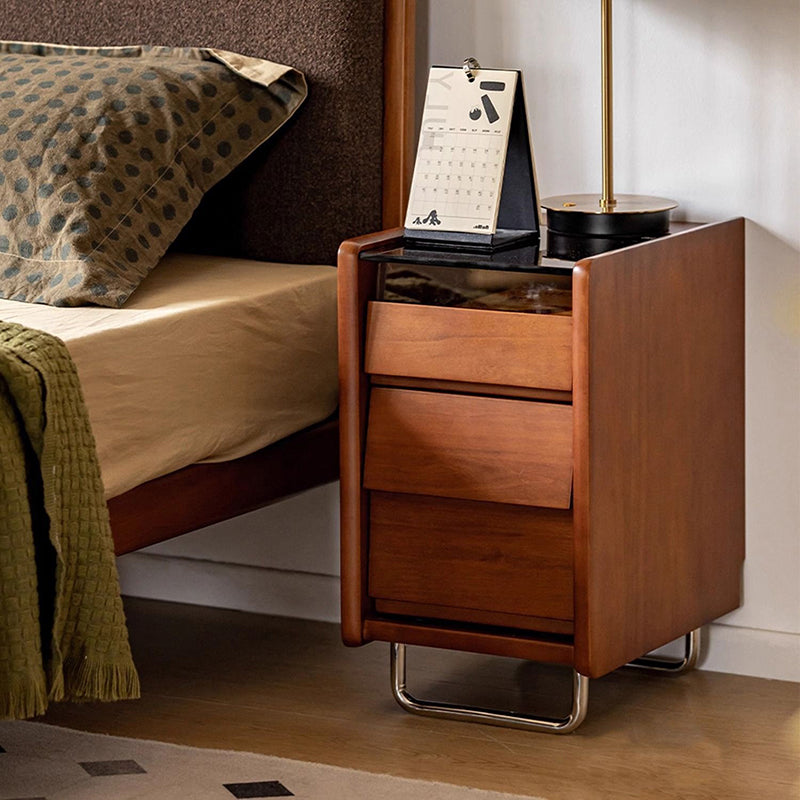 Traditional Vintage Tempered Glass Stainless Steel Pine Curved Rectangular Nightstand 3-Drawer For Bedroom