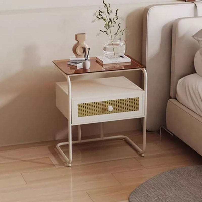 Contemporary Creative Tempered Glass Iron Synthetic Rattan Rounded Square Nightstand 2-Tier For Bedroom