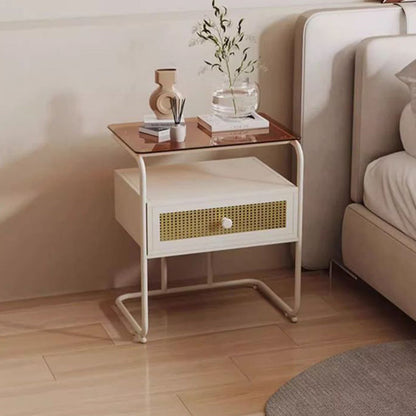 Contemporary Creative Tempered Glass Iron Synthetic Rattan Rounded Square Nightstand 2-Tier For Bedroom