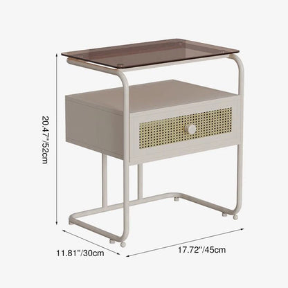 Contemporary Creative Tempered Glass Iron Synthetic Rattan Rounded Square Nightstand 2-Tier For Bedroom