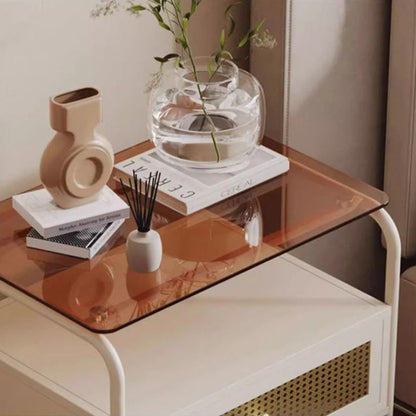 Contemporary Creative Tempered Glass Iron Synthetic Rattan Rounded Square Nightstand 2-Tier For Bedroom