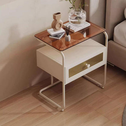 Contemporary Creative Tempered Glass Iron Synthetic Rattan Rounded Square Nightstand 2-Tier For Bedroom