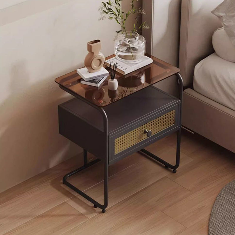 Contemporary Creative Tempered Glass Iron Synthetic Rattan Rounded Square Nightstand 2-Tier For Bedroom