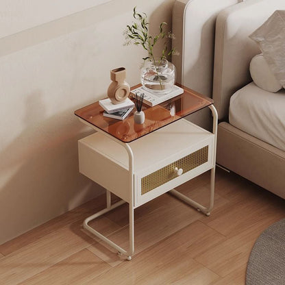 Contemporary Creative Tempered Glass Iron Synthetic Rattan Rounded Square Nightstand 2-Tier For Bedroom