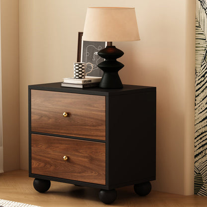Traditional Chinese Solid Wood Ecological Board Rectangular Ball-Detail Nightstand 2-Drawer For Bedroom