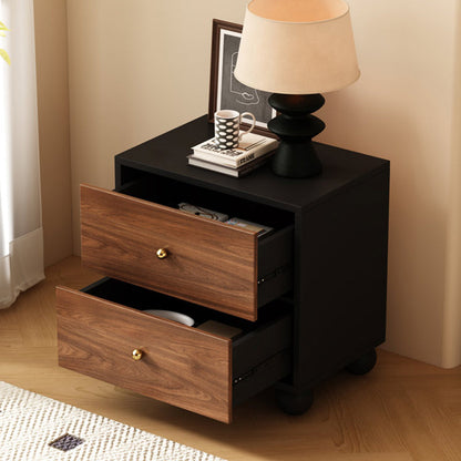 Traditional Chinese Solid Wood Ecological Board Rectangular Ball-Detail Nightstand 2-Drawer For Bedroom