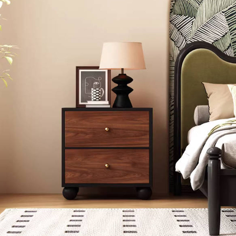 Traditional Chinese Solid Wood Ecological Board Rectangular Ball-Detail Nightstand 2-Drawer For Bedroom