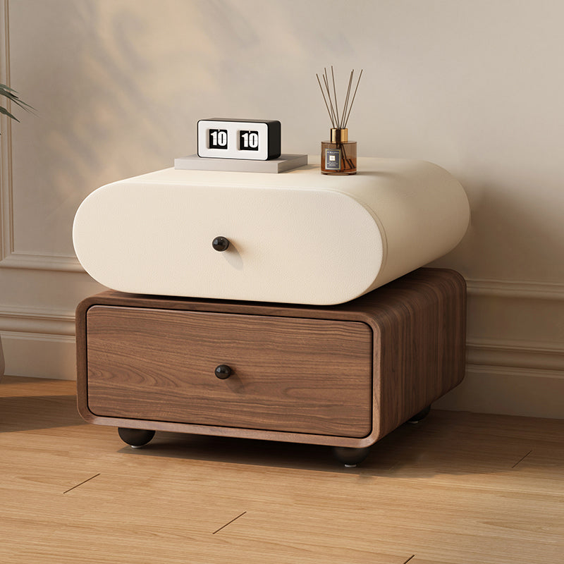 Contemporary Scandinavian Pine Cat-Scratch-Resistant Leather Oval Square Ball Nightstand 2-Drawer For Bedroom