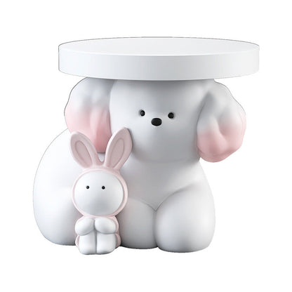 Modern Art Deco Resin Dog & Rabbit-Shaped Round End Table With 1-Tier For Living Room