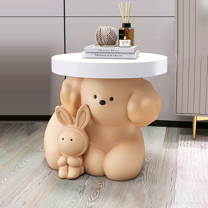 Modern Art Deco Resin Dog & Rabbit-Shaped Round End Table With 1-Tier For Living Room