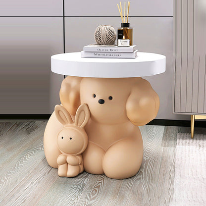 Modern Art Deco Resin Dog & Rabbit-Shaped Round End Table With 1-Tier For Living Room