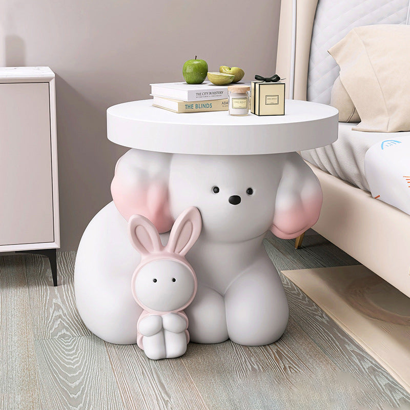 Modern Art Deco Resin Dog & Rabbit-Shaped Round End Table With 1-Tier For Living Room