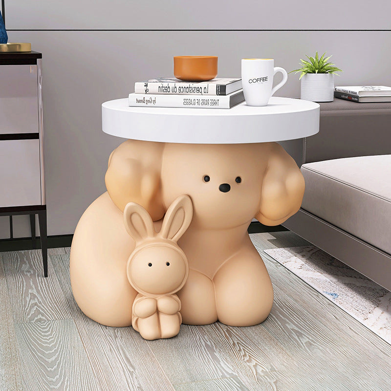 Modern Art Deco Resin Dog & Rabbit-Shaped Round End Table With 1-Tier For Living Room