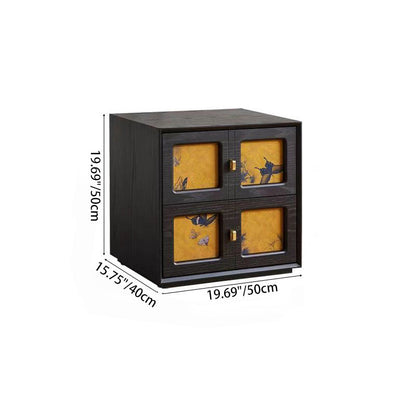 Traditional Chinese Solid Wood Hardware Square Patterned Nightstand With 2 Drawers For Bedroom