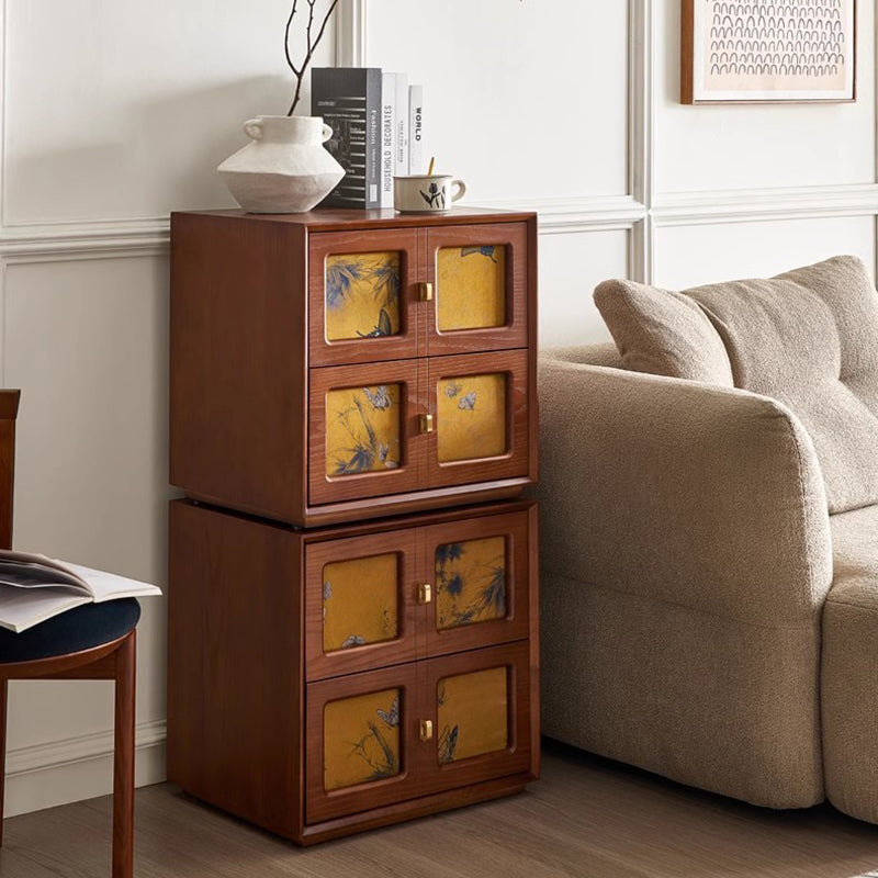 Traditional Chinese Solid Wood Hardware Square Patterned Nightstand With 2 Drawers For Bedroom