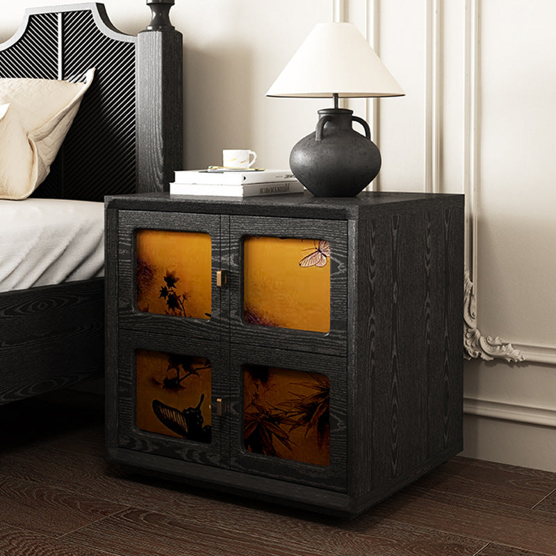 Traditional Chinese Solid Wood Hardware Square Patterned Nightstand With 2 Drawers For Bedroom