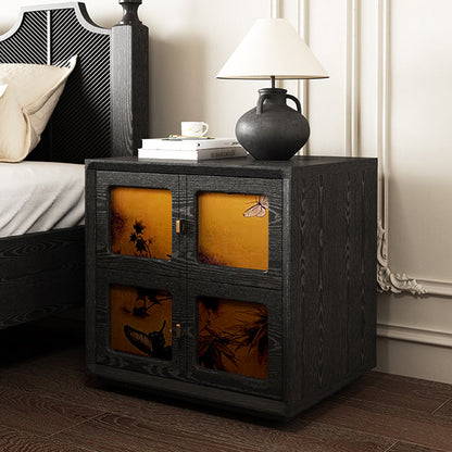 Traditional Chinese Solid Wood Hardware Square Patterned Nightstand With 2 Drawers For Bedroom