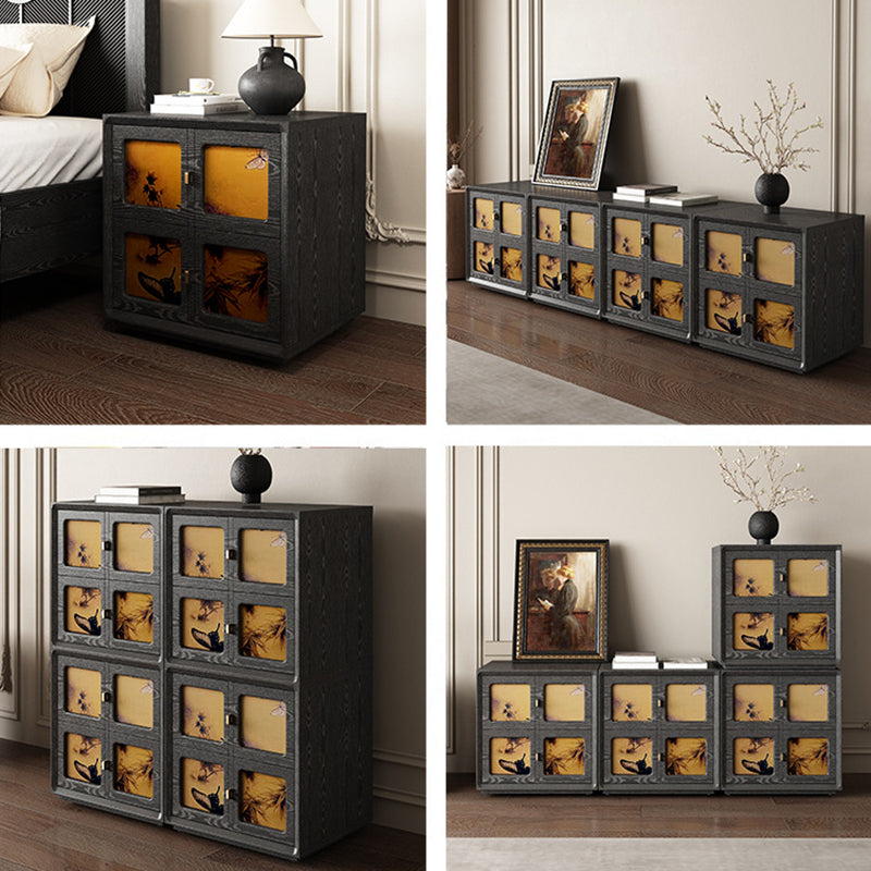 Traditional Chinese Solid Wood Hardware Square Patterned Nightstand With 2 Drawers For Bedroom