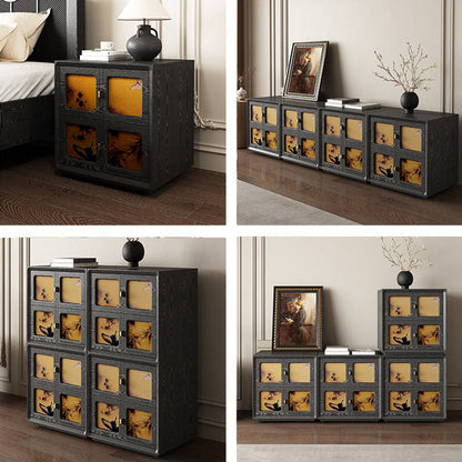 Traditional Chinese Solid Wood Hardware Square Patterned Nightstand With 2 Drawers For Bedroom